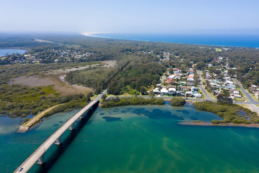 view of the Tea Gardens-Hawks Nest Bridge