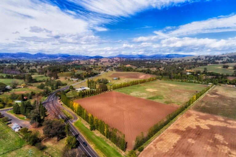 Aerial view of cultivated farmland fields